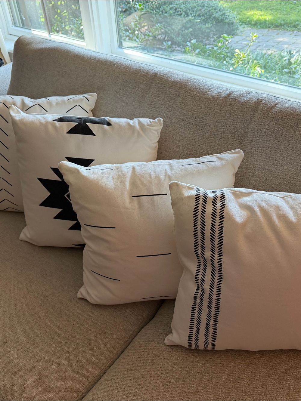 Neutral Cotton Throw Pillows with Black Geometric Print - Set of 4